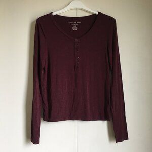 American Eagle Soft & Sexy Slub Wine Red Button Collar Top Size Small